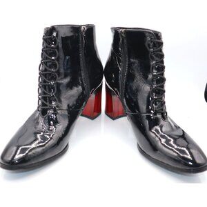 Azura Black Patent Leather Lace-Up Ankle Boots Red Block Heels Size EU 39 Italy